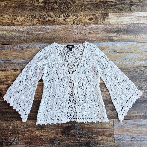EXPRESS Handknit Crochet Ramie Cotton Boho Cardigan Cover-Up Long Sleeve White - Picture 2 of 11